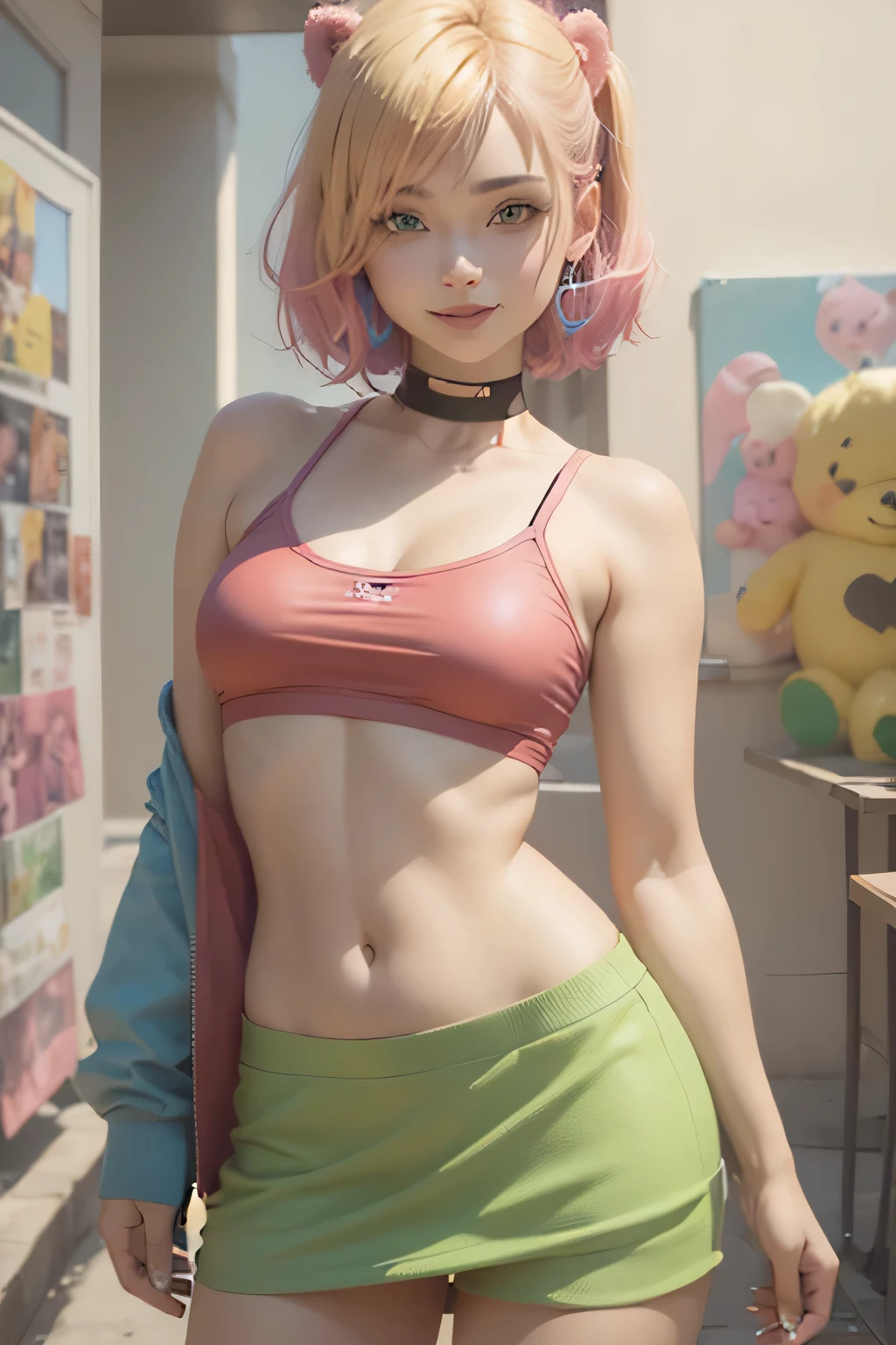 1 chica moderna atuendo.: (mejor calidad, vivid colors, realista)
.A girl with blonde hair, wearing a short top with pink teddy bear drawings, a green miniskirt, using fashionable makeup, smiling, and her whole body is visible
- The girls' outfits are colorful and eye-catching..