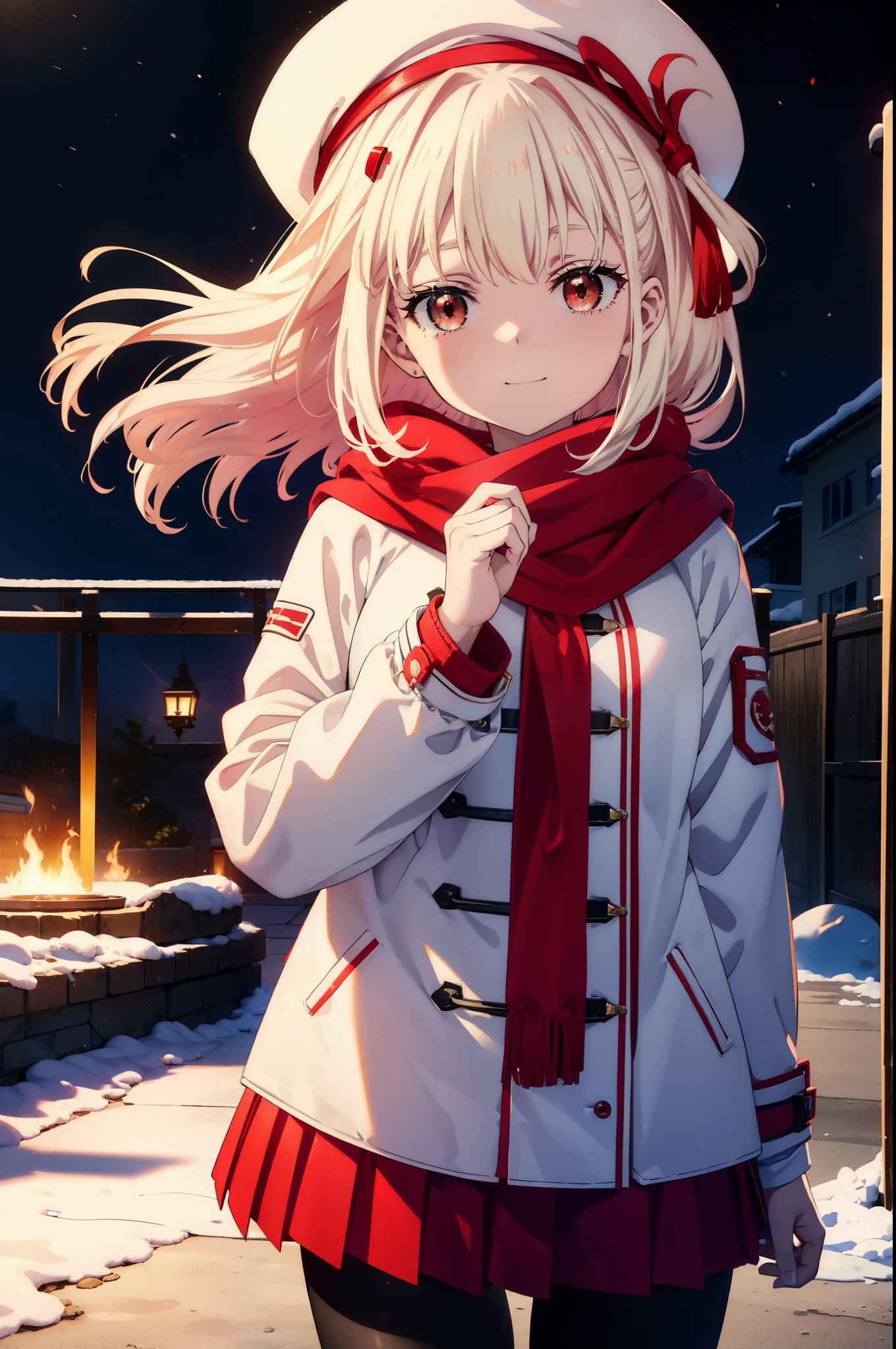 chisatonishikigi, nishikigi chisato,Long Hair , bangs, blonde, (Red eyes:1.5),happy smile, smile, Open your mouth,White knit hat,White Coat,Red Scarf,White Sweater,Hands in coat pockets,Long skirt,Black pantyhose,short boots,Shirogane World,Snow is piling up,it&#39;s snowing,it&#39;s snowing,winter,Cold Sky,morning,morning陽,The sun is rising,
break looking at viewer, whole body, Upper Body,(Cowboy Shot:1. 5)
break outdoors, c that y,Building Street,
break (masterpiece:1.2), highest qualそれy, High resolution, unそれy 8k wallpaper, (shape:0.8), (Beautiful and beautiful eyes:1.6), Highly detailed face, Perfect lighting, Extremely detailed CG, (Perfect hands, Perfect Anatomy),