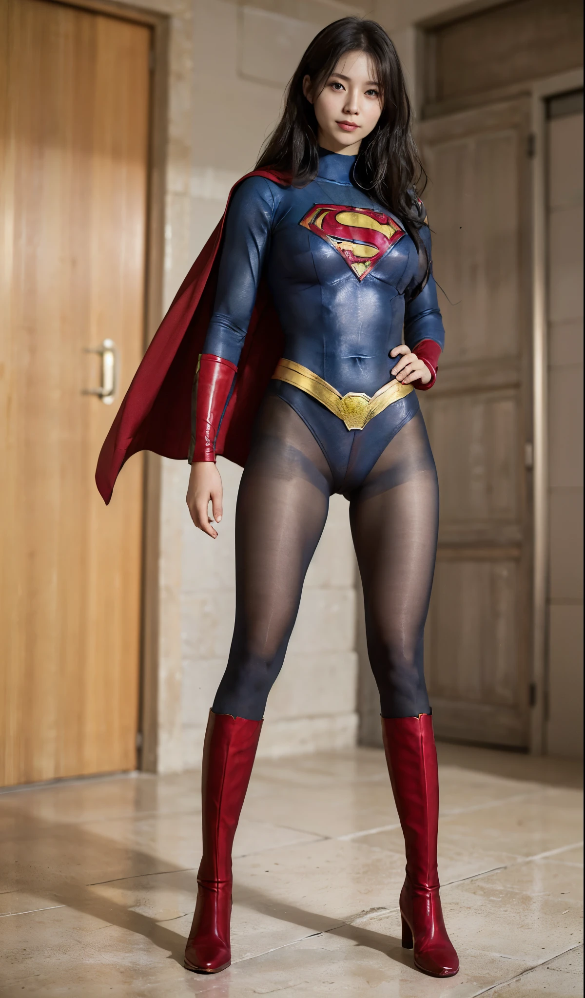 No background、(((Beautiful legs in black tights.)))、(((Legally express the beauty of your smile)))、((((Make the most of your original images)))、(((Supergirl Costume)))、(((Beautiful Hair)))、(((suffering)))、(((Please wear black tights....、Wear red boots)))、((Best image quality、8K))、((highest quality、8K、masterpiece:1.3))、(((Preserve background )))、Sharp focus:1.2、Beautiful woman with perfect figure:1.4、Thin abdominal muscles:1.2、Wet body:1.5、Highly detailed face and skin texture、8K