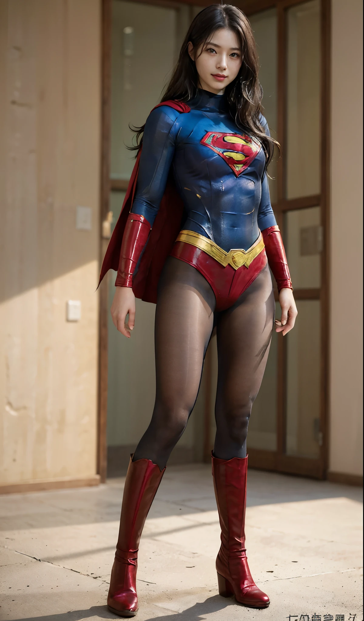 No background、(((Beautiful legs in black tights.)))、(((Legally express the beauty of your smile)))、((((Make the most of your original images)))、(((Supergirl Costume)))、(((Beautiful Hair)))、(((suffering)))、(((Please wear black tights....、Wear red boots)))、((Best image quality、8K))、((highest quality、8K、masterpiece:1.3))、(((Preserve background )))、Sharp focus:1.2、Beautiful woman with perfect figure:1.4、Thin abdominal muscles:1.2、Wet body:1.5、Highly detailed face and skin texture、8K