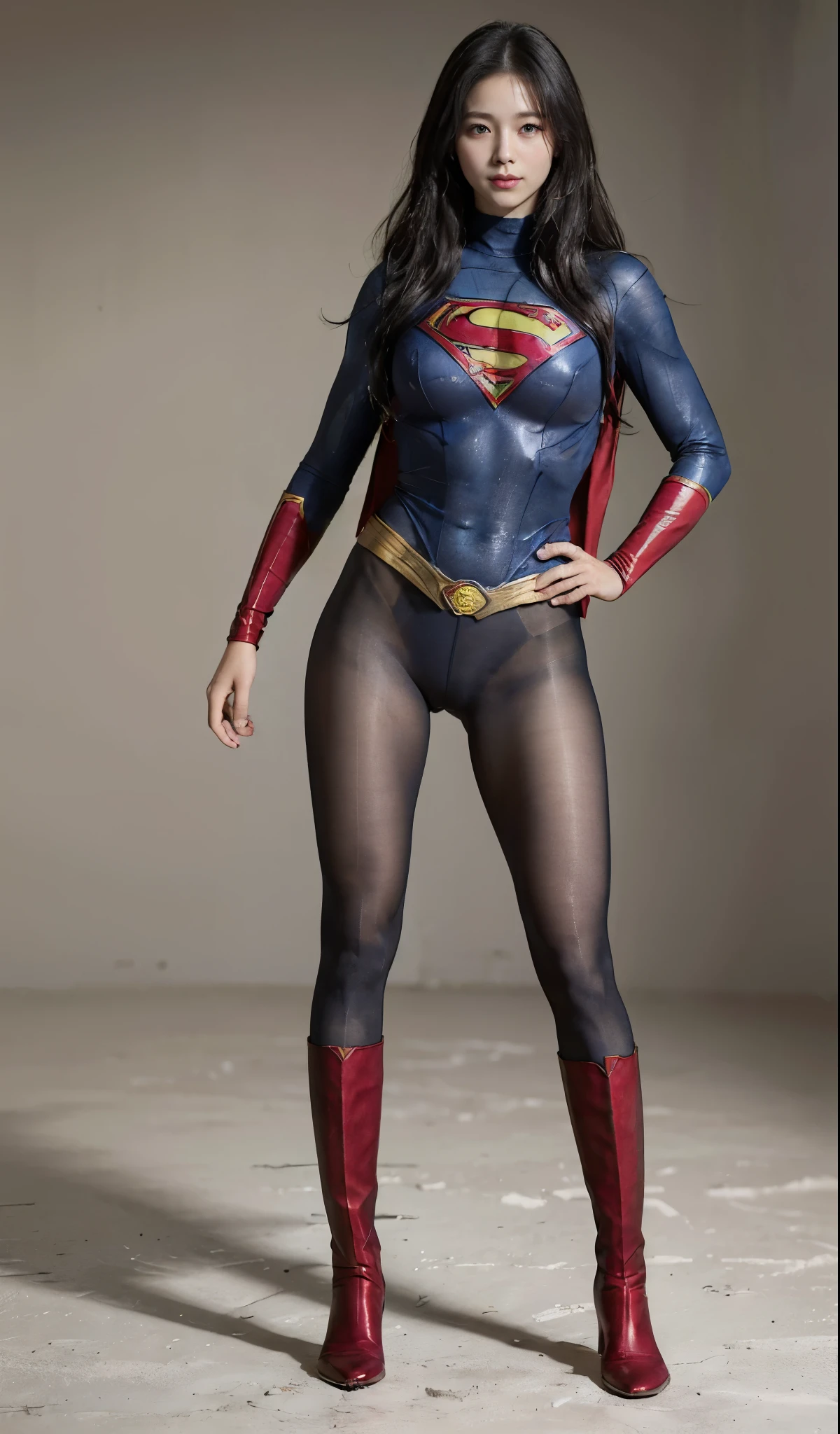 No background、(((Beautiful legs in black tights.)))、(((Legally express the beauty of your smile)))、((((Make the most of your original images)))、(((Supergirl Costume)))、(((Beautiful Hair)))、(((suffering)))、(((Please wear black tights....、Wear red boots)))、((Best image quality、8K))、((highest quality、8K、masterpiece:1.3))、(((Preserve background )))、Sharp focus:1.2、Beautiful woman with perfect figure:1.4、Thin abdominal muscles:1.2、Wet body:1.5、Highly detailed face and skin texture、8K