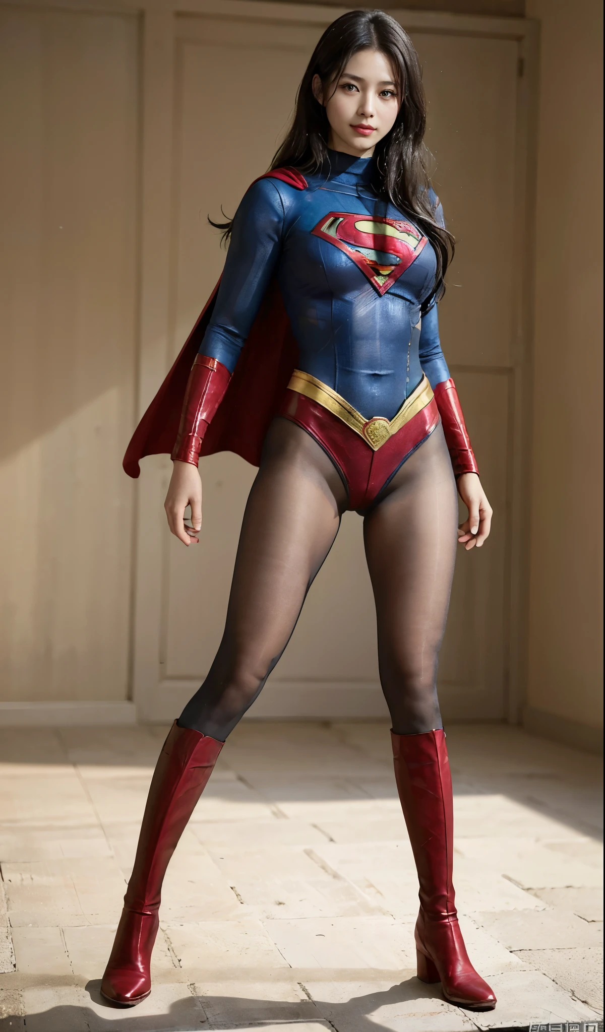 No background、(((Beautiful legs in black tights.)))、(((Legally express the beauty of your smile)))、((((Make the most of your original images)))、(((Supergirl Costume)))、(((Beautiful Hair)))、(((suffering)))、(((Please wear black tights....、Wear red boots)))、((Best image quality、8K))、((highest quality、8K、masterpiece:1.3))、(((Preserve background )))、Sharp focus:1.2、Beautiful woman with perfect figure:1.4、Thin abdominal muscles:1.2、Wet body:1.5、Highly detailed face and skin texture、8K