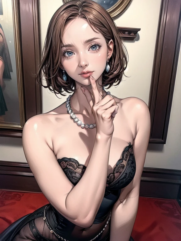 (Very detailed CG ユニティ 8k 壁紙),(masterpiece), (highest quality), (Very detailed), (Best illustrations),(Best Shadow), Natalie Portman, oil, Renaissance, Leonardo da Vinci, model, Modern Style, Modern Fashion, Idol, nice, Short hair red pearl necklace, earrings, modern makeup, Red lipstick, Starry Night, Black star dress, ring, Defined strokes