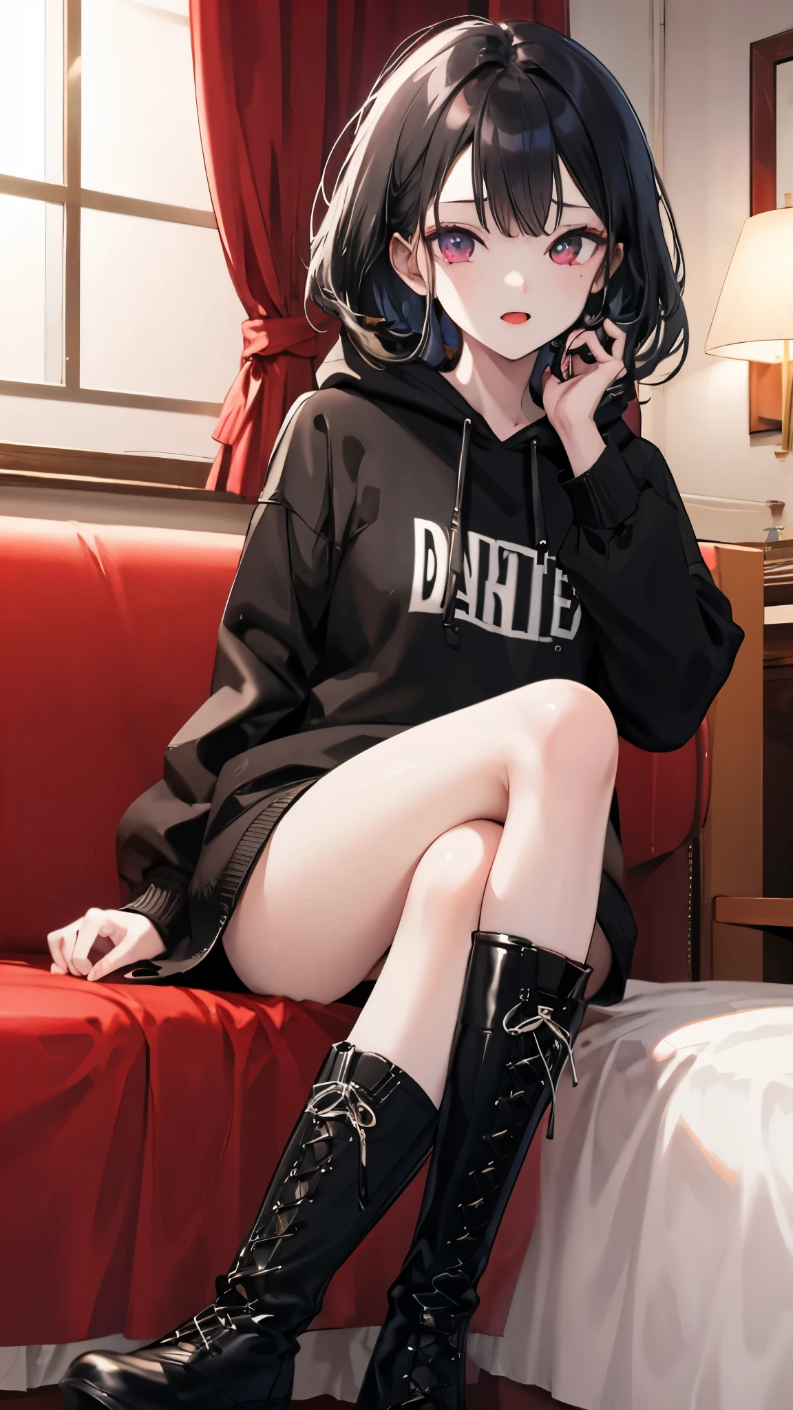 (((lovehotel)))、Hotel、8k,Super Detailed Game CG, (High resolution:1.1),(Absurd:1.1), highest quality,  Highest resolution, Very detailed, One girl,cute、contemptuous 、disdain、Sitting、
black and White hoodie、Red and black hoodie、White hoodie、Crossing your legs、Black platform boots、(((boots focus)))、
Black Hair、Black Hairロング、black eye、