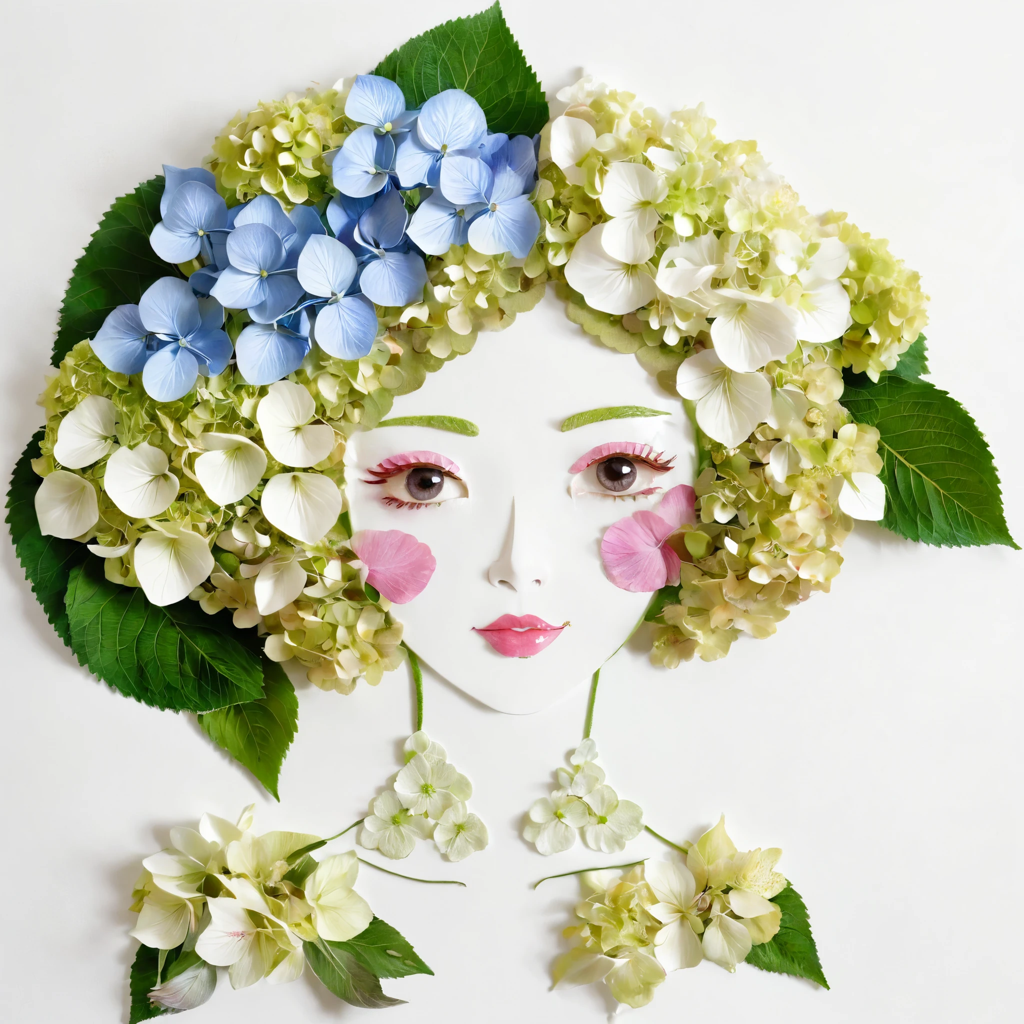 Early summer leaf crafts, Girl made of flowers, Hydrangea flowers、Portraiture, White Background、