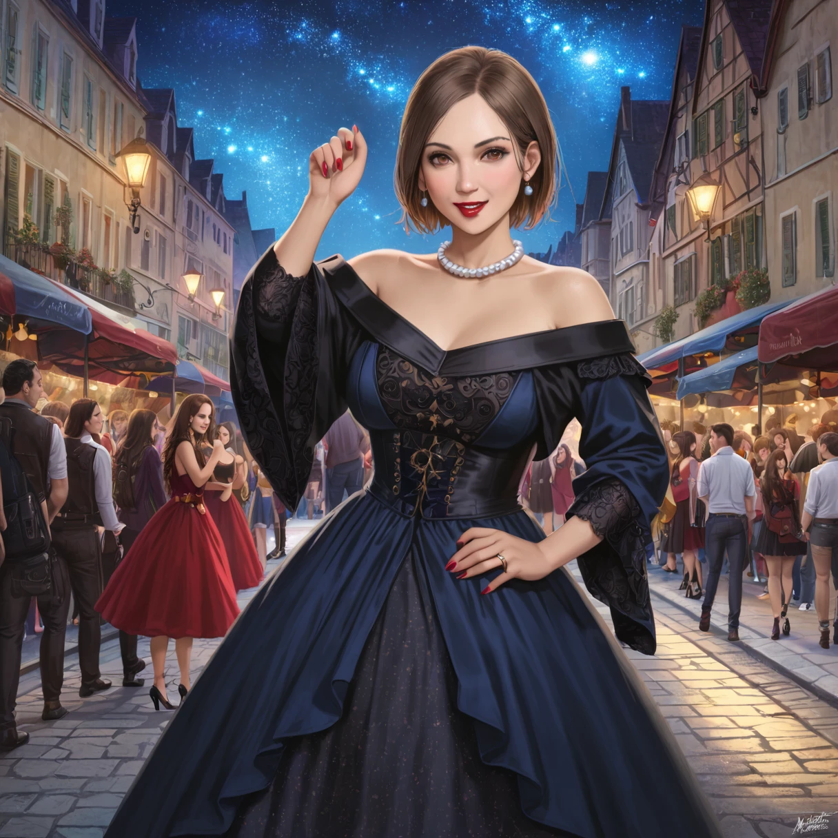 Natalie Portman, oil, Renaissance, Leonardo da Vinci, model, Modern Style, Modern Fashion, Idol, nice, Short hair red pearl necklace, earrings, modern makeup, Red lipstick, Starry Night, Black star dress, ring, Defined strokeasterpiece、highest quality、(((Realistic、Realistic:1.37)))、8K quality}}