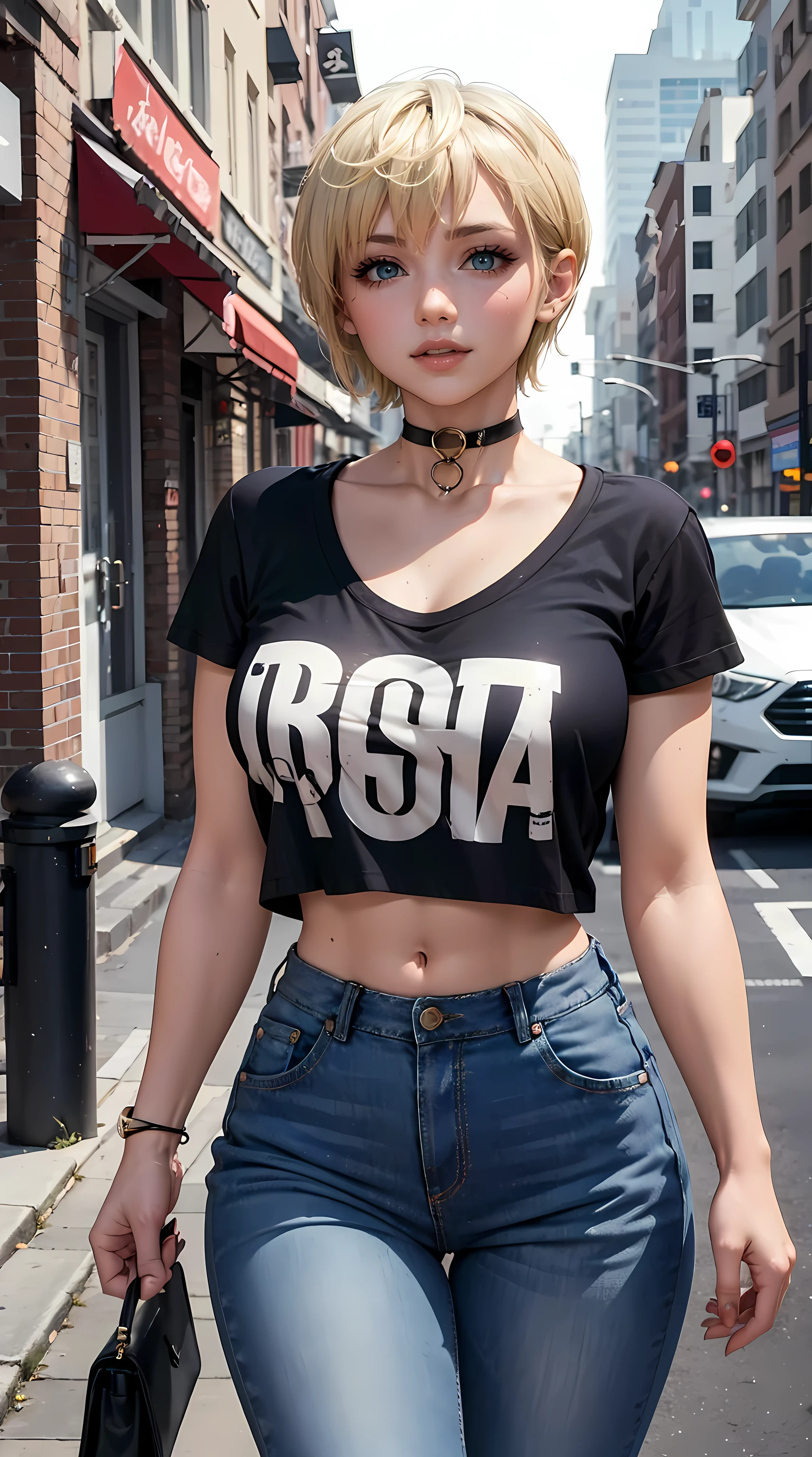 Beautiful short blonde hair woman is shown to have a sexy figure, she is wearing a nsfw crop tshirt and jeans, choker, happy look, blue eyes, girl walking down a street ,sexy session, sexy pose, cowboy shot, superior quality, many details, realistic