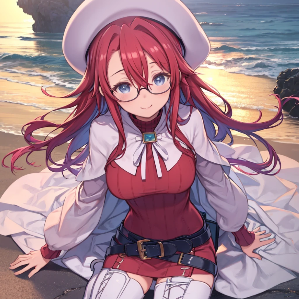 masterpiece、highest quality、High resolution、Very detailed、Medium wide shot、Mature Woman、(aty, long hair, blue eyes, red hair, thighhighs, hat, dress, boots, glasses, belt, cape, sweater, zettai ryouiki, beret, thigh boots, white footwear, ribbed sweater, loose belt、Hair between the eyes)、Big Breasts、horizontal lineに沈む夕日、sunset、Ocean、horizontal line、evening、Magic Hour、Woman watching the sunset、Beautiful eyes、smile、