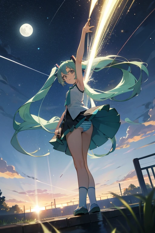 girl, Green long-haired, twin tails, Hatsune Miku, accurate hands, white sleeveless outfit, mini skirt, enchanting smile, She pulls up her skirt, Skirt flip, She shows her panties, White and light blue striped panties, summer night sky, outdoor, meteor shower, no moon, looking up at the sky, Perspective from the ground, Looking up from the ground,