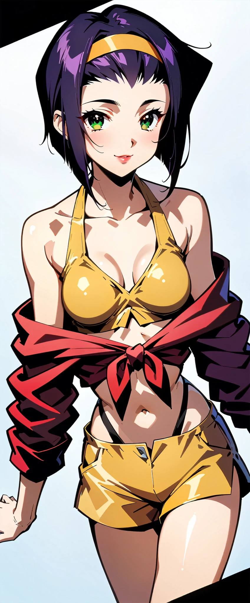 (anime artwork, Anime Style, Studio Anime, Very detailed, up to date, Vibrant, Anime Coloring, High Contrast, masterpiece:1.2, highest quality, Best aesthetics), Cowboy Bebop_Artistic, Faye Valentine, 23 year old woman, (Purple Hair, short hair, Green Eyes), (Yellow headband, Yellow sleeveless shirt, Cropped tops:1.2), (Red jacket:1.2), Expose your shoulders:1.4, (Yellow hot pants:1.4), (White boots), (Dynamic Angle), Simple Background, Plain background.