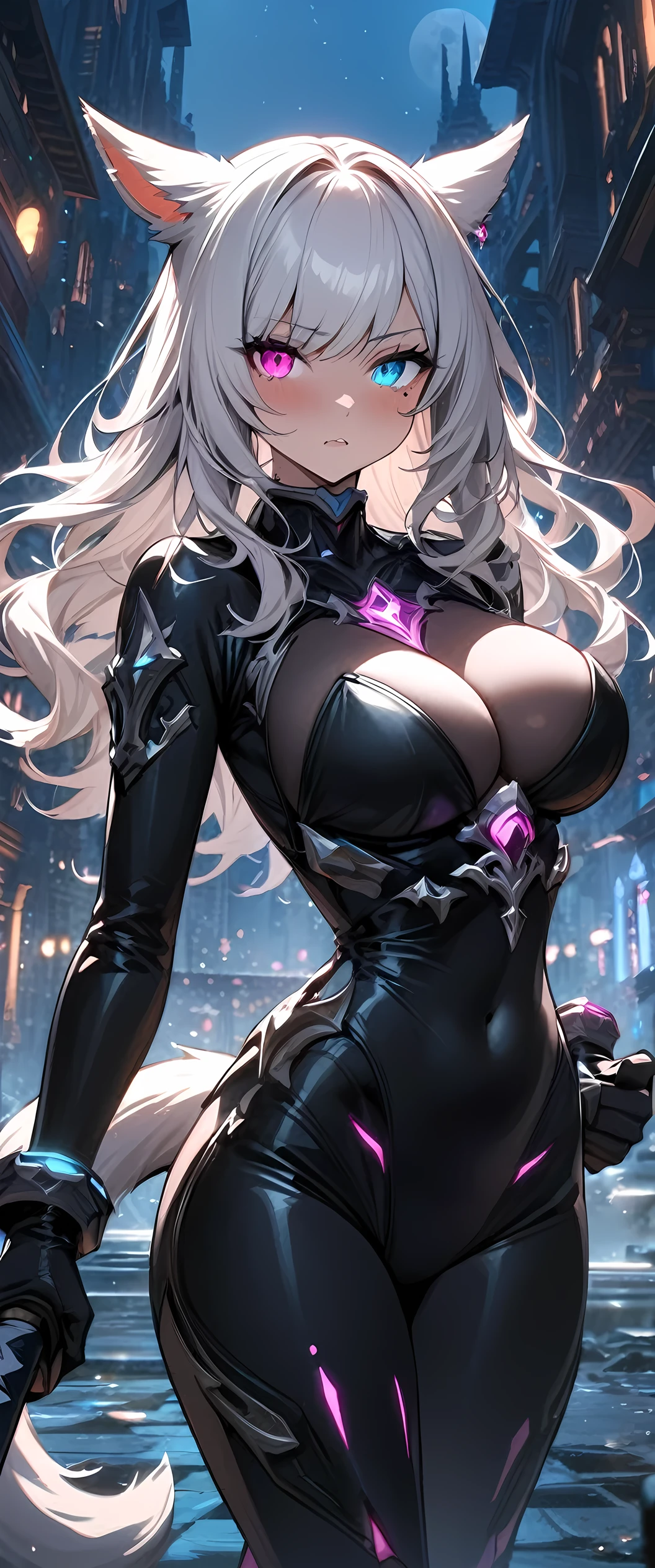 (masterpiece), best quality, expressive eyes, perfect face,1girl,final fantasy xiv,miqo'te,(heterochormia, left pink eye, right light blue eye:1.2),cat tail,(cybernatic plug suit:1.2),bangle,big breasts,heels,(white hair),long wavy hair,[[cityscape,full moon,starry sky]],cowboy shot,standing,fighting stance,weapon,katana,sword slash
