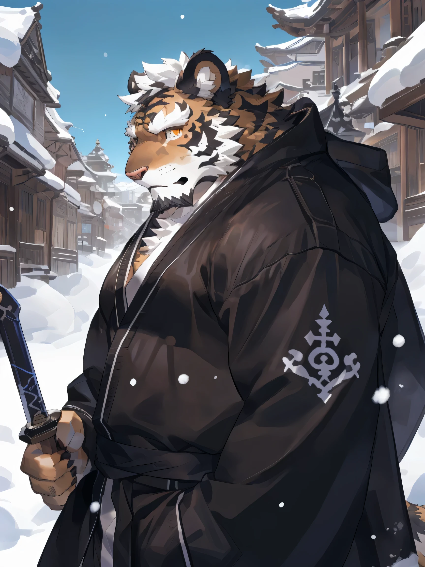 (White skin tiger),(Black and white yin and yang general battle robe),Holding a long sword,Powerful gesture,Stand calmly,(The background is a city covered in snow:1.2),abdominal muscles,Heroic Stance,A perfect masterpiece,Various facial details,Perspective from a distance,specific description,masterpiece,CG,(Golden Eyes),black and white pattern,Crimson Tail,General,Heroic Stance,tiger,Black and white fur,Specific facial details,Half Body,(Black and white yin and yang general combat boots),(Chang Ling),((middle aged)),(Face focus),(16K),HD,Black and white belly,temple,beard,(Facial lines),Different students,(Black and white yin and yang ancient costume robe),(Black and white hair),Strong,muscle,(high resolution:1.3),(Standing in front of a snow-covered city),(close up),(Delicate face:1.5),perfect details,(Half Body),(Detailed depiction of face:1.5),(Zoom in on face:1.5),(White Facial lines:1.2),(Black Beard:1.3),(white face;1.6),White body