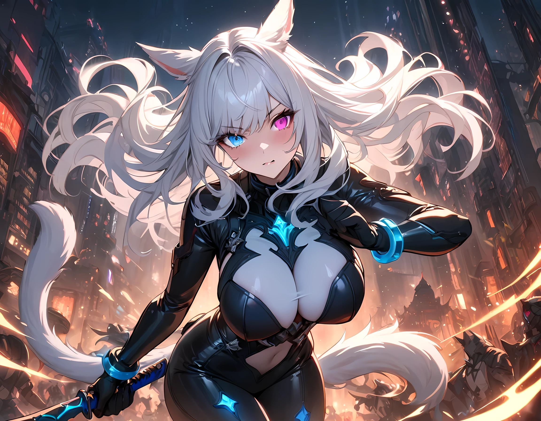 (masterpiece), best quality, expressive eyes, perfect face,1girl,final fantasy xiv,miqo'te,(heterochormia, left pink eye:1.2, right light blue eye:1.2),cat tail,(cybernatic plug suit:1.2),bangle,big breasts,heels,(white hair),long wavy hair,[[cyber cityscape,full moon,starry sky]],cowboy shot,standing,fighting stance,weapon,glowing red katana,action shot