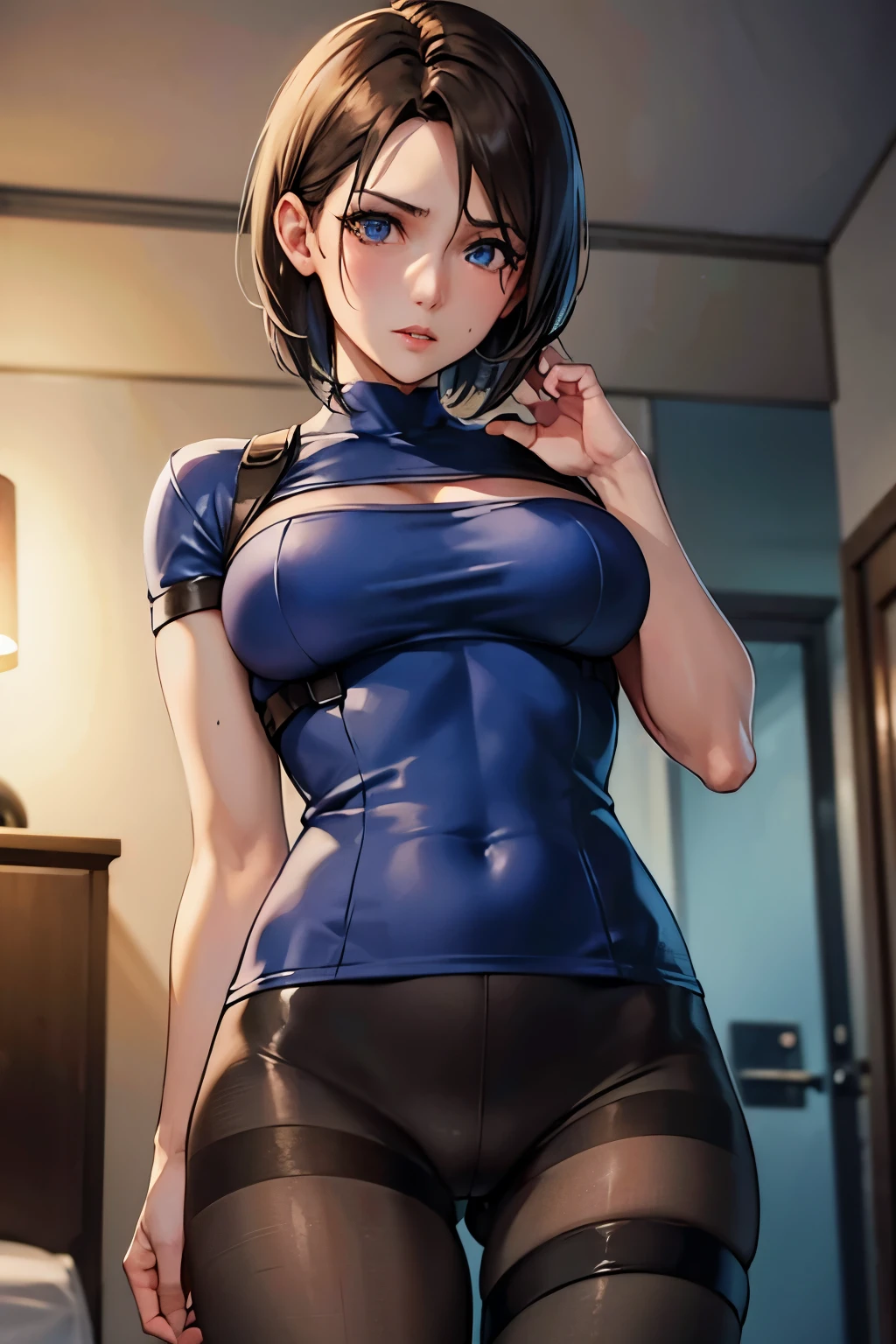 Jill Valentine、resident evil、Brown Hair、Short Hair、((pantyhose))、Photo from below、Medium chest、Bedroom、Bondage、