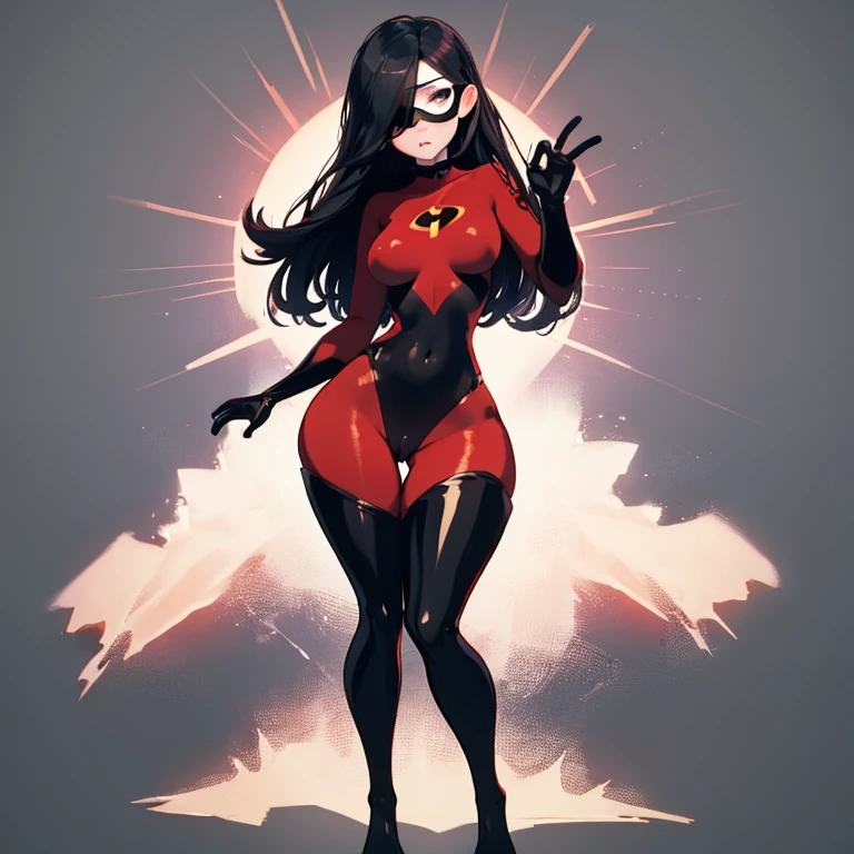 (full body),masterpiece, highest quality, (One girl), Violet Par, Eye mask，Long Hair, Black Hair,  Hair on one eye,  (Red hero suit)，Red bodysuit，black elbow gloves，Black Thigh Boots，Thick thighs，Put your hands on your hips，Spread your legs，View your viewers, Face to endure humiliation, Simple Background 