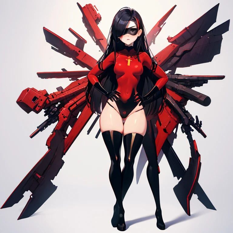 (full body),masterpiece, highest quality, (One girl), Violet Par, Eye mask，Long Hair, Black Hair,  Hair on one eye,  (Red hero suit)，Red bodysuit，black elbow gloves，Black Thigh Boots，Thick thighs，Put your hands on your hips，Spread your legs，View your viewers, Face to endure humiliation, Simple Background 