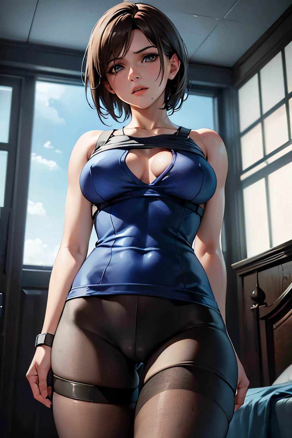 Jill Valentine、resident evil、Brown Hair、Short Hair、((pantyhose))、Photo from below、Medium chest、Bedroom、Bondage、