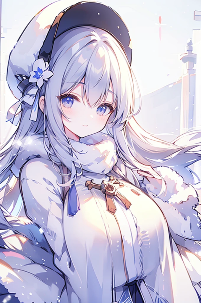 smile,beautiful woman,heavy winter coat,a woolly hat,gloves,holding a snow-white husky,whose fur gleams pristine in the winter sunlight,The woman's demeanor exudes gentleness and affection,a serene winter street,trees lining the sides covered in white snow,warmth and happiness,Extremely Realistic