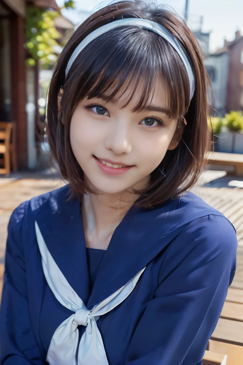 sailor uniform, One Woman, (Beautiful woman, delicate :1.3), Black Hair, Bobcut, Bangs, (8K), (highest quality: 1.2), (Realistic), (Realistic: 1.37), (masterpiece), (Ultra-high resolution), (Raw photo), (Absolute Resolution), (((face is small compared to body: 1.4))), (((Small face:１.4))), A balanced face, (Small Mouth: 1.4), ((Slim female body: 1.4)), Black Hair, (((All navy blue long sleeve セーラー服))), Realistic女子高生, (((White headband))), Small breasts, Slanted Eyes, Light blue eyes, (Cafe on the open terrace), Open your mouth, smile, Blurred, Bust Shot, White on the collar３main line,