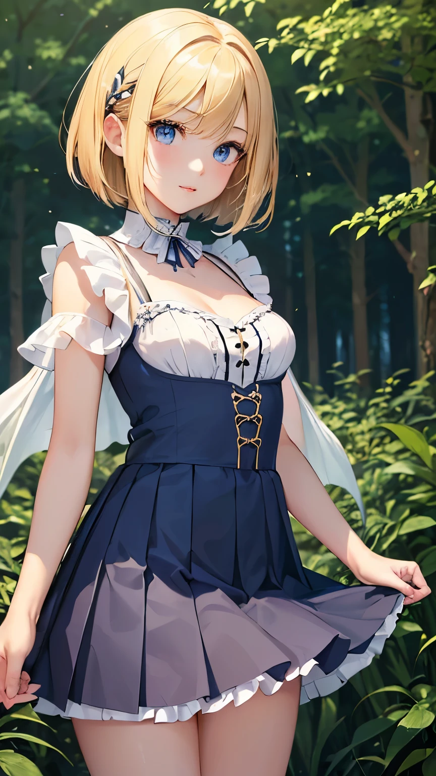(masterpiece,highest quality,超A high resolution),japanese woman,1 girl, (((Very beautiful 14 year old girl))), pretty girl、look at the photographer､  ((beautiful blonde short bob hair)), super cute face, glossy lips, double eyelids in both eyes, blue eyes, natural smile、 natural makeup, long eyelashes, Shiny and smooth hair､center image,  perfect limbs, perfect anatomy,(((sorceress,frilled chiffon dress,mini pleated skirt)))、in the woods, 