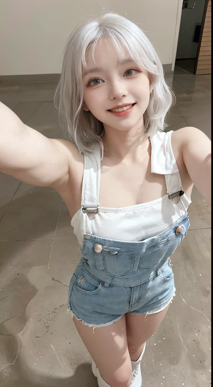 Best image quality、RAW Photos、超A high resolution、21 years old Korean、Small breasts、Dynamic Angle、Cowboy Shot、Chaos in its most beautiful form、elegant、brutalism design、Vibrant colors、Beautiful white hair、Short Bob、smile、fun、smile、Glowing White Skin、Beautiful eyes with random colors、Very thin lips、Beautiful eyes in every detail、length, Narrow eyes、Cheeks are pale pink、length eyelashes、Beautiful double eyelids、eye shadow、Bright white hair、Overalls、Sandy Beach、Photographed from diagonally above、Selfie、Full Body Shot