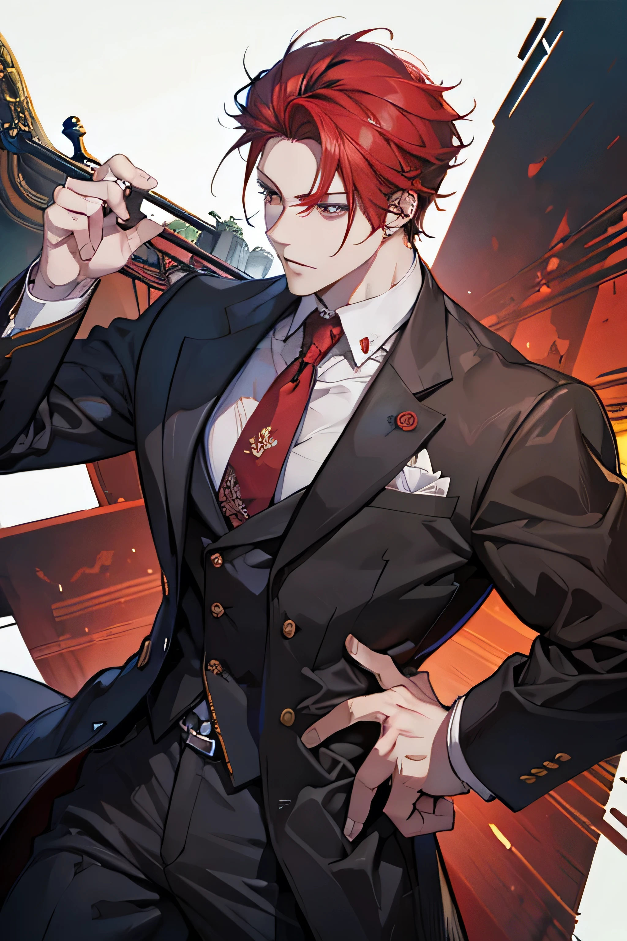 DJ with red hair, golden eyes, beard, smoking a cigarette, wearing oil tycoon clothes with headphones around his neck