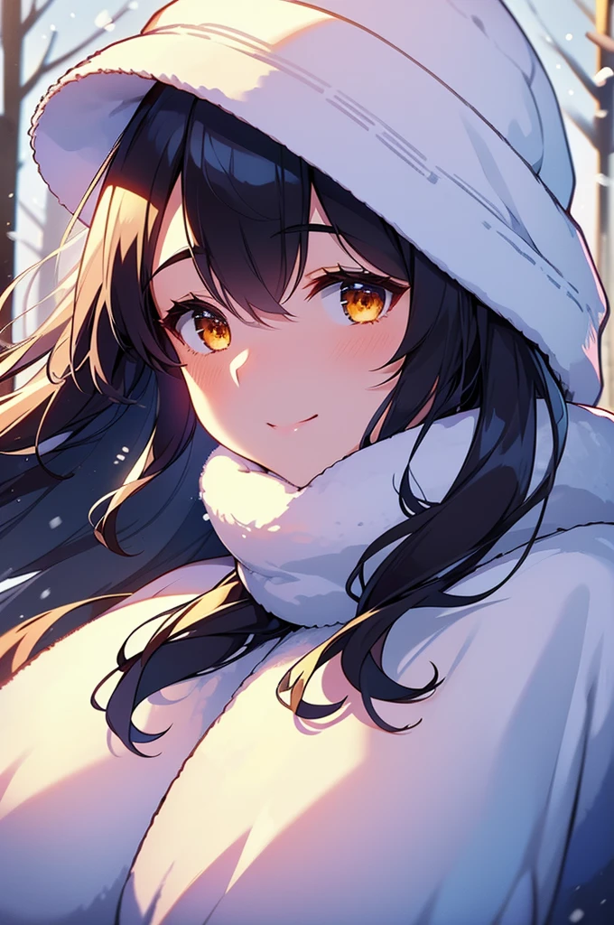 smile,beautiful woman,heavy winter coat,a woolly hat,gloves,whose fur gleams pristine in the winter sunlight,The woman's demeanor exudes gentleness and affection,a serene winter street,trees lining the sides covered in white snow,warmth and happiness,Extremely Realistic