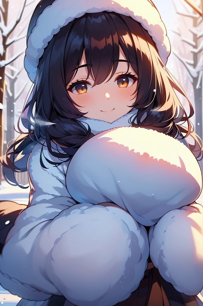 smile,beautiful woman,heavy winter coat,a woolly hat,gloves,whose fur gleams pristine in the winter sunlight,The woman's demeanor exudes gentleness and affection,a serene winter street,trees lining the sides covered in white snow,warmth and happiness,Extremely Realistic