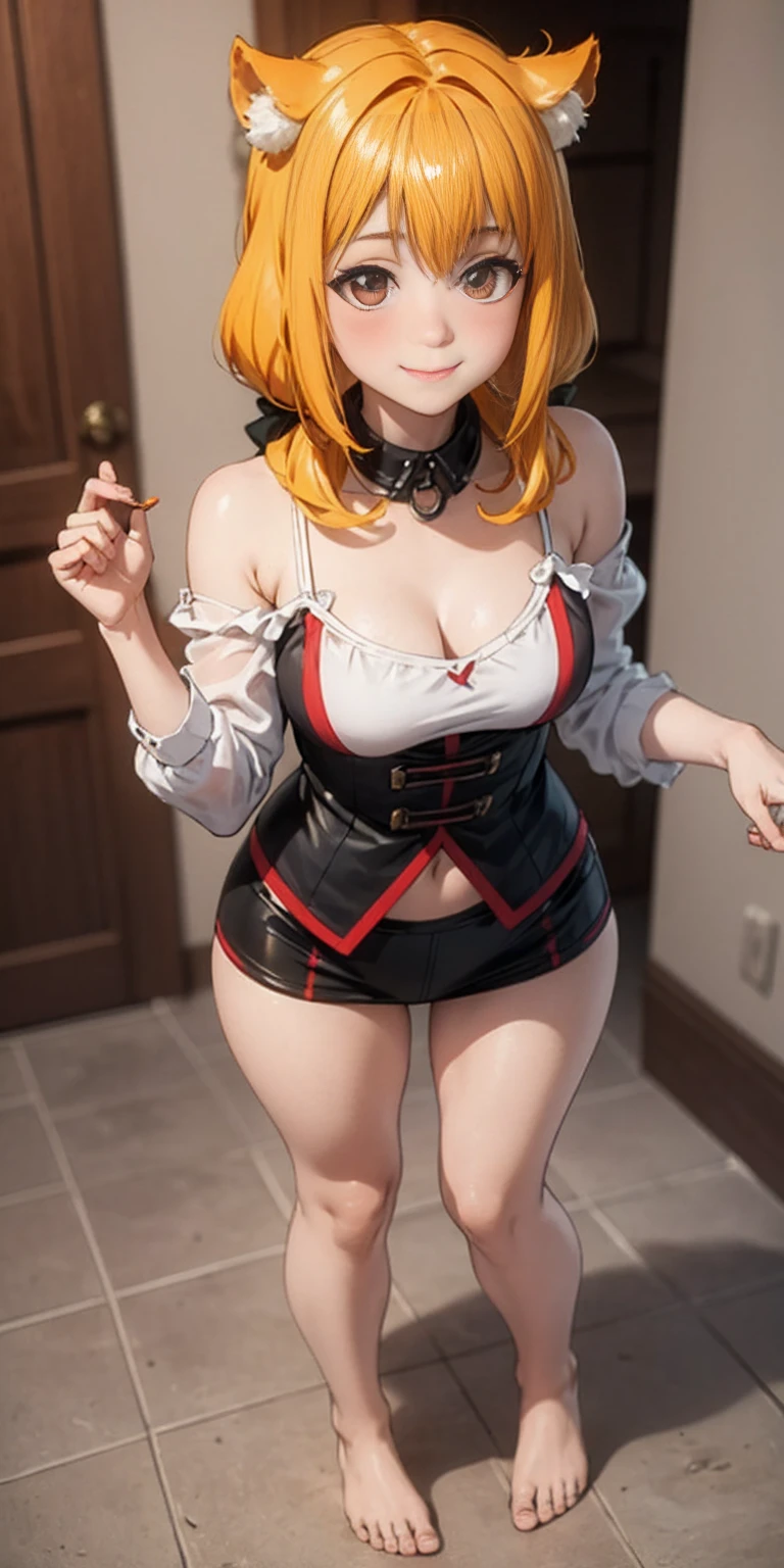 Roxanne Demin kin 1girl, solo, medium breasts, body position: standing, straight, symmetrical, barefoot, lustful smile on face with red blush, fluffy ears, dog ears, blonde hair