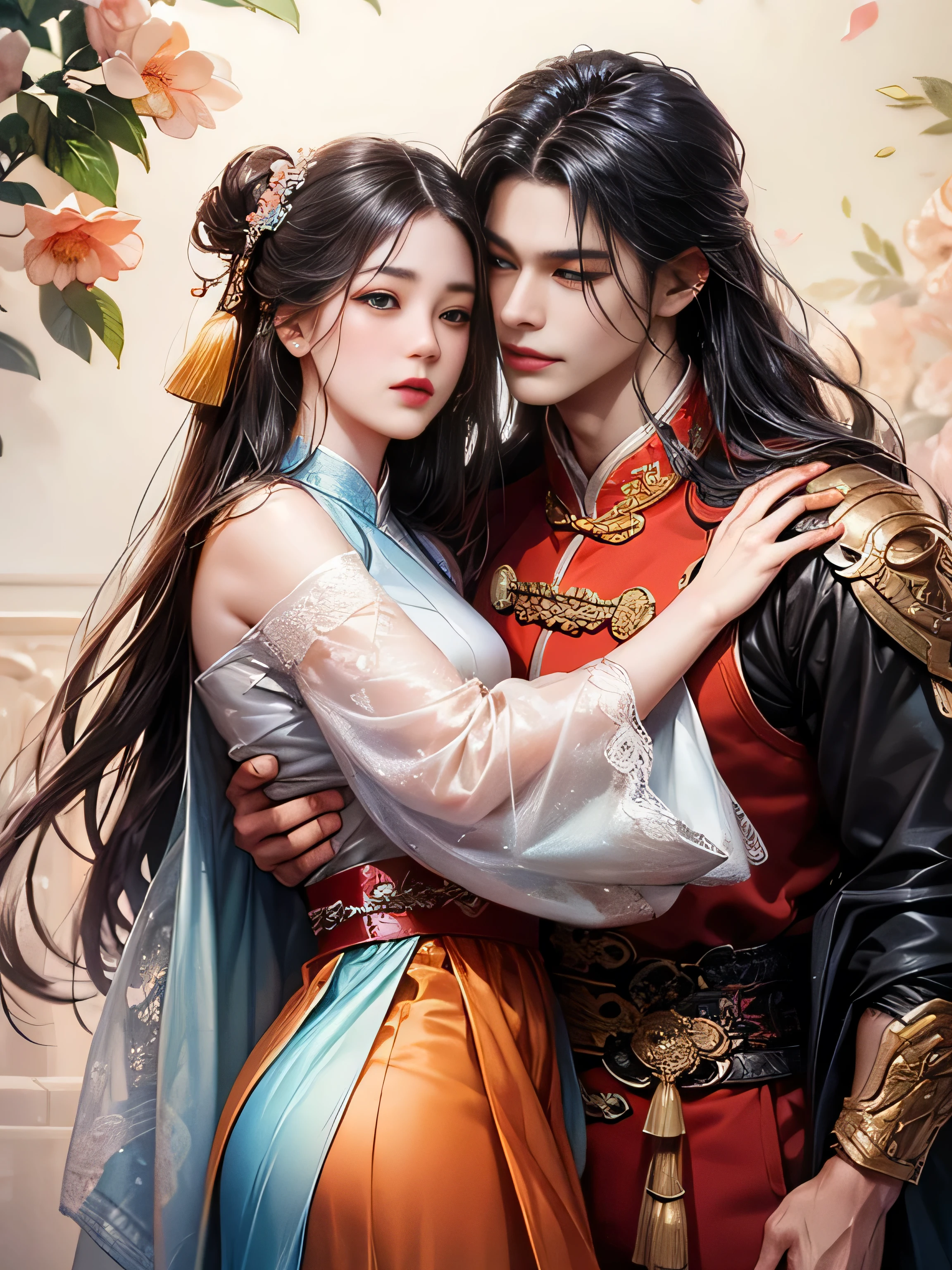 arafed image of a couple of asian women and man hugging each other, Peach Garden detailed background, xianxia fantasy, jingna zhang, game cg, wuxia, inspired by Chen Yifei, xianxia, xianxia hero, 2. 5 d cgi anime fantasy artwork, heise jinyao, chinese fantasy, beautiful render of tang dynasty, heise-lian yan fang, 4k best quality, 8k character details, high quality anime art, high quality illustration, detailed anime wallpapers, detailed anime art, hyper-realistic, elegant, high quality realistic anime art