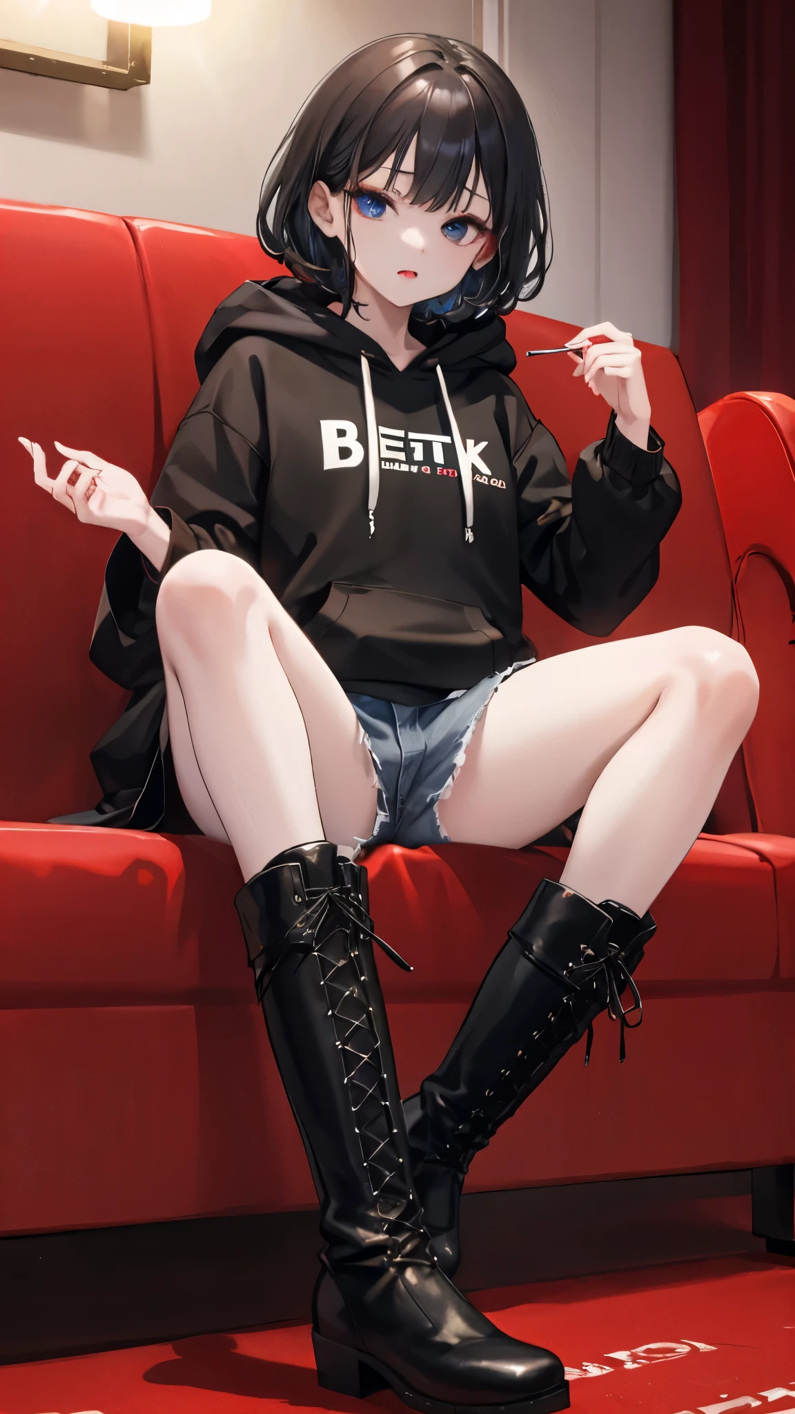 Disgusted face,(((lovehotel)))、Hotel、8k,Super Detailed Game CG, (High resolution:1.1),(Absurd:1.1), highest quality, Highest resolution, Very detailed, One girl,cute、contemptuous 、disdain、Sitting、
black and White hoodie、Red and black hoodie、White hoodie、Crossing your legs、Black platform boots、(((boots focus)))、
Black Hair、Black Hairロング、black eye、