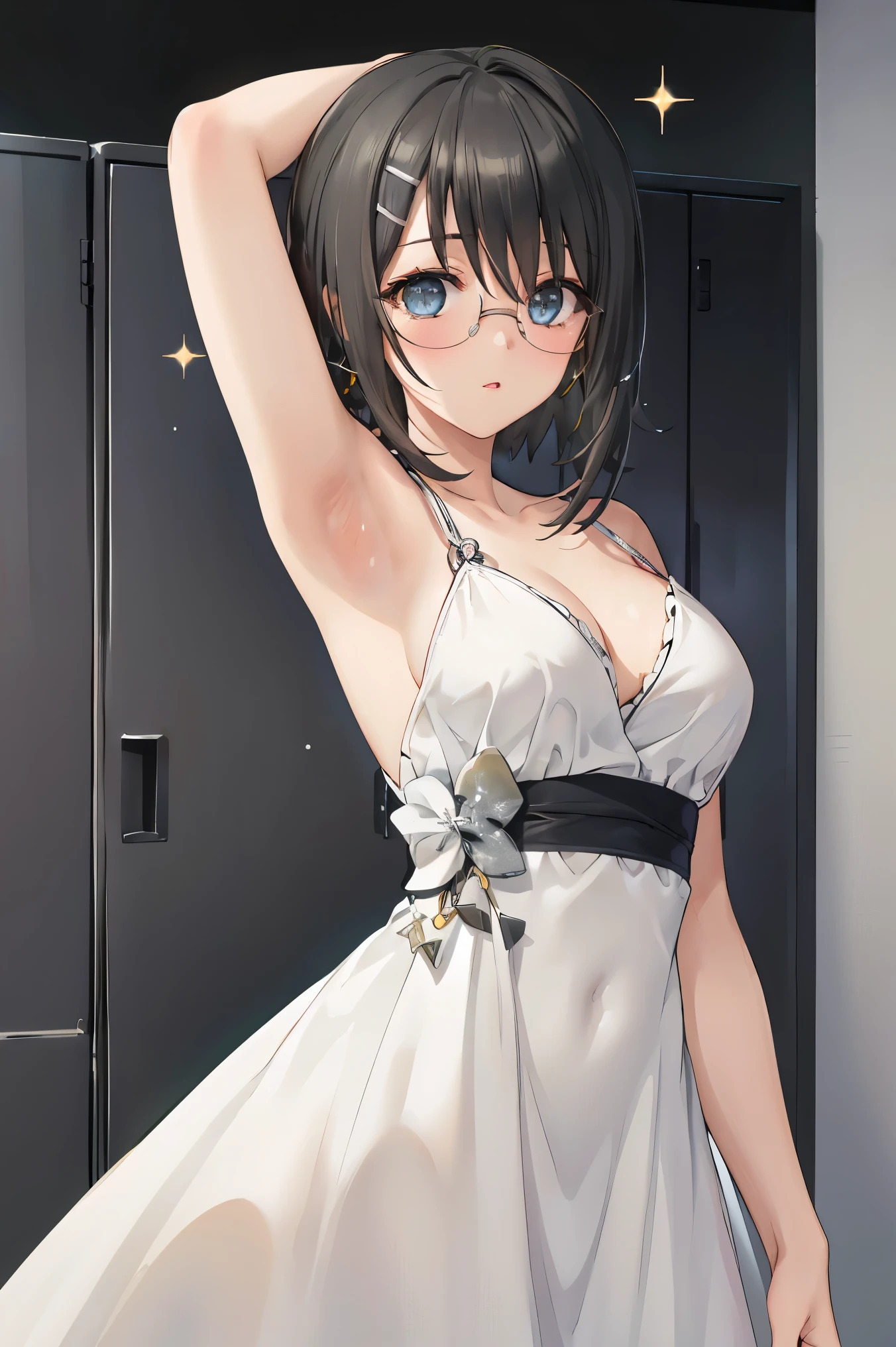 yorihime nao, glasses, hairclip,((black hair:1.5)),
BREAK ((silver glittery evening dress:1.5))
BREAK changing room, lockers,
BREAK armpits,arm up,
BREAK (masterpiece:1.2), best quality, high resolution, unity 8k wallpaper, (illustration:0.8), (beautiful detailed eyes:1.6), extremely detailed face, perfect lighting, extremely detailed CG, (perfect hands, perfect anatomy),