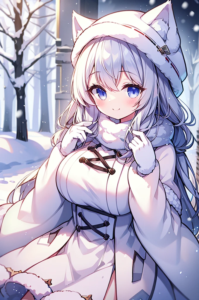 smile,beautiful woman,heavy winter coat,a woolly hat,gloves,holding a snow-white husky,whose fur gleams pristine in the winter sunlight,The woman's demeanor exudes gentleness and affection,a serene winter street,trees lining the sides covered in white snow,warmth and happiness,Extremely Realistic