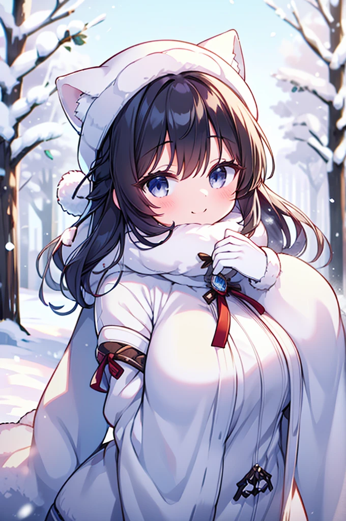 smile,beautiful woman,heavy winter coat,a woolly hat,gloves,holding a snow-white husky,whose fur gleams pristine in the winter sunlight,The woman's demeanor exudes gentleness and affection,a serene winter street,trees lining the sides covered in white snow,warmth and happiness,Extremely Realistic