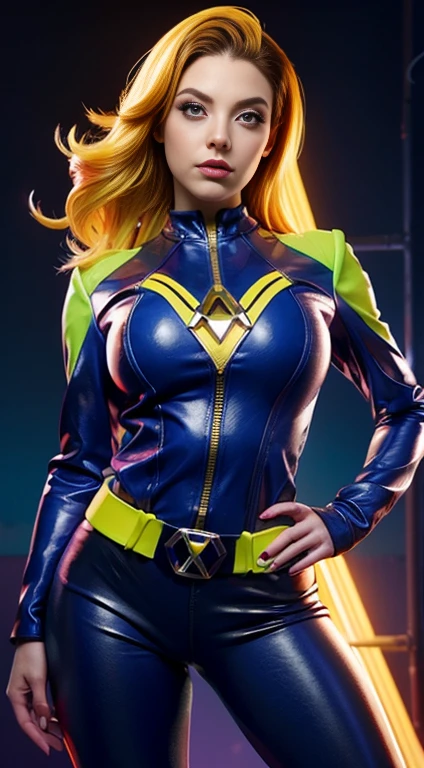 a digital painting of a woman with royal blue and yellow hair, wearing xmen rogue clothes, behance contest winner, afrofuturism, synthwave, neon, glowing neon, huge breast