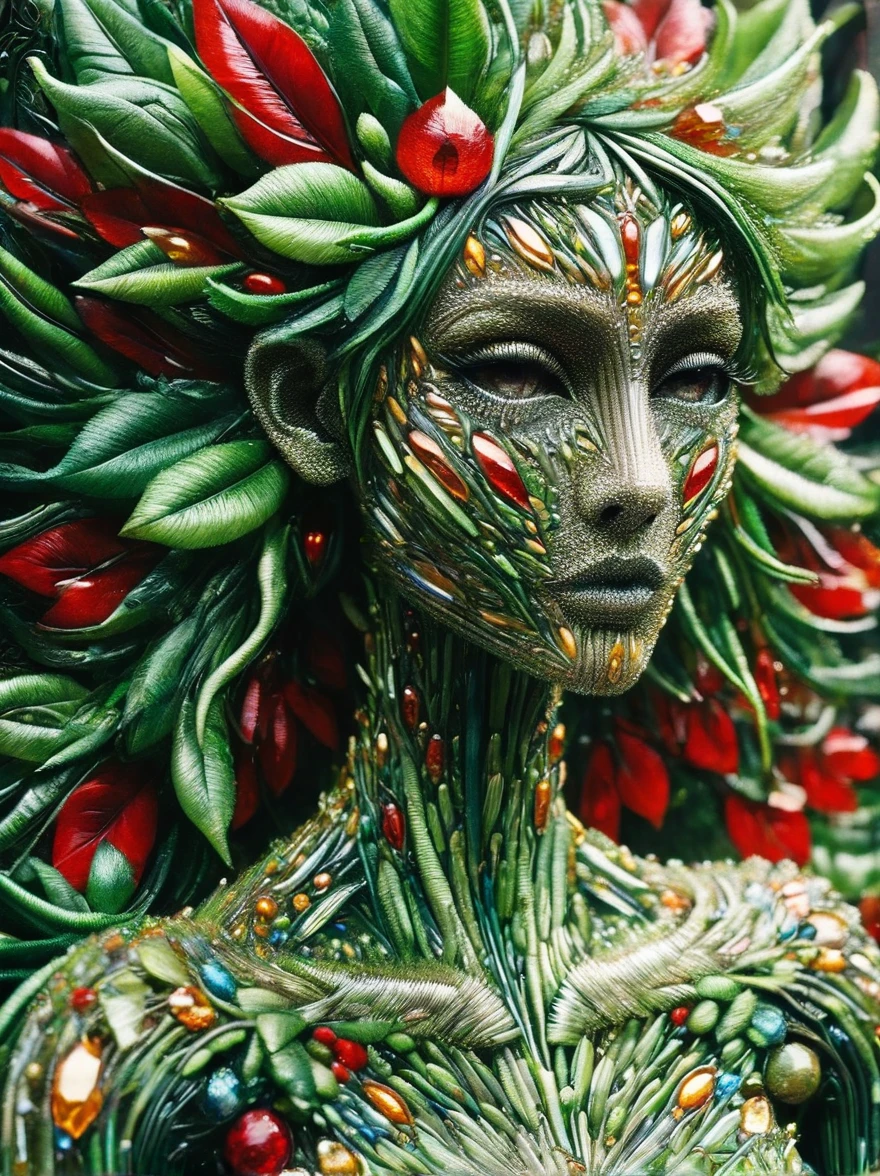 An enchanting humanoid-style plant creature in full bloom, standing upright. It has an overall green body color, with a flower-like structures sprouting around its head. The head is adorned with leaf-like extensions fashioned like a headband. It flaunts a skirt-like structure at its lower half resembling petals of a flower, the array of colors ranges from light green to dark green. Its arms, delicate and slim, end in leafy shapes instead of hands. It also exhibits a pair of oval shaped deep red eyes full of expression adding to its captivating aura.