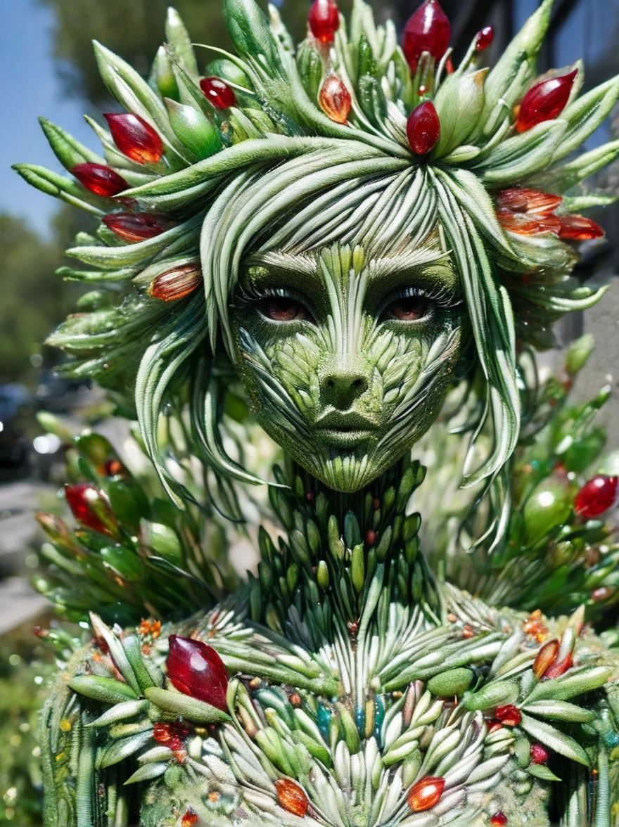 An enchanting humanoid-style plant creature in full bloom, standing upright. It has an overall green body color, with a flower-like structures sprouting around its head. The head is adorned with leaf-like extensions fashioned like a headband. It flaunts a skirt-like structure at its lower half resembling petals of a flower, the array of colors ranges from light green to dark green. Its arms, delicate and slim, end in leafy shapes instead of hands. It also exhibits a pair of oval shaped deep red eyes full of expression adding to its captivating aura.