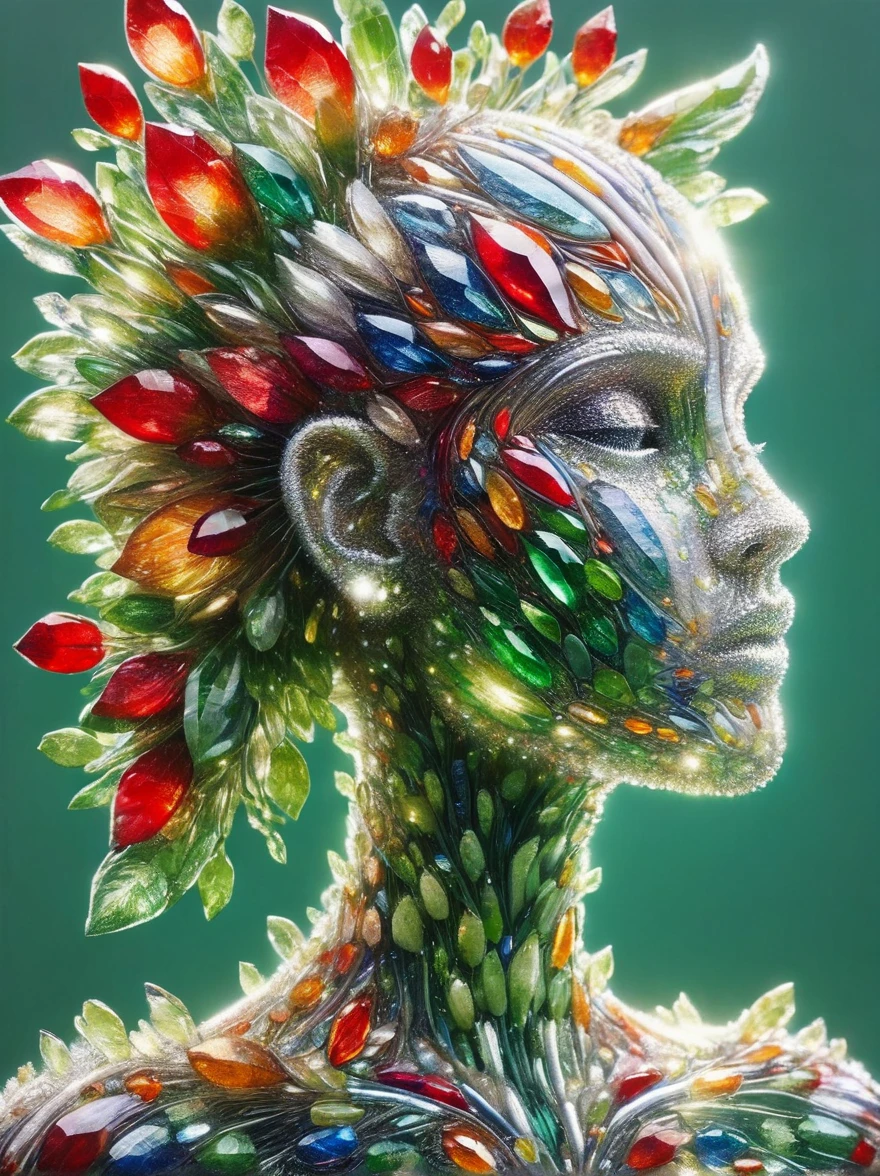 An enchanting humanoid-style plant creature in full bloom, standing upright. It has an overall green body color, with a flower-like structures sprouting around its head. The head is adorned with leaf-like extensions fashioned like a headband. It flaunts a skirt-like structure at its lower half resembling petals of a flower, the array of colors ranges from light green to dark green. Its arms, delicate and slim, end in leafy shapes instead of hands. It also exhibits a pair of oval shaped deep red eyes full of expression adding to its captivating aura.