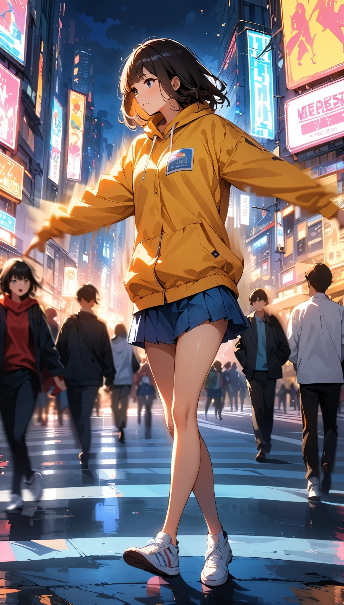 (high quality, 8k, 4K, High Contrast, masterpiece:1.2, 最high quality, Best aesthetics), Shibuya scramble crossing、Vibrant city lights、1 Female, focus on women, Intense dancing、Dance action pose, Backwards, (((Motion Blur Effect:1.6)))、atmosphere of tokyo、Busy street scene、Neon Signs、Vibrant atmosphere、Fast-paced movement、((Motion blur on pedestrians in background:1.2)), An iconic Shibuya landmark、Modern cityscape、Architectural diversity、Crowded sidewalks、Rush hour traffic、Urban energy、Bright colors、Dynamic configuration、Atmospheric perspective、Dramatic lighting