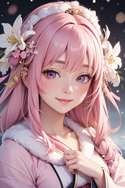 Highly detailed CG Unity 8k wallpaper, Cute Woman, Mature Pink Haired Woman ,Beautiful woman, Pale skin (super masterpiece, Beautiful person, well detailed face polluted smile, Realistic, Surreal), A beautiful winter kimono in pink and white ,White fur、 Japanese style hair accessories、smile、Japanese background with pale pink flowers and snow、Portraiture