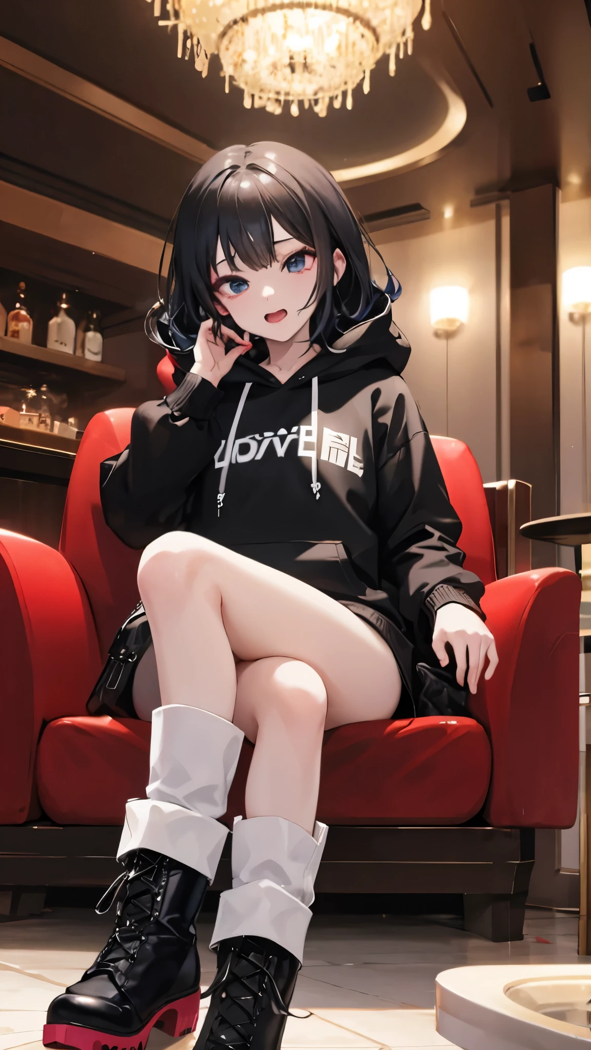 ((Disgusted face)),(((lovehotel)))、Hotel、8k,Super Detailed Game CG, (High resolution:1.1),(Absurd:1.1), highest quality,  Highest resolution, Very detailed, One girl,cute、contemptuous 、disdain、Sitting、
black and White hoodie、Red and black hoodie、White hoodie、Crossing your legs、Black platform boots、(((boots focus)))、
Black Hair、Black Hairロング、black eye、