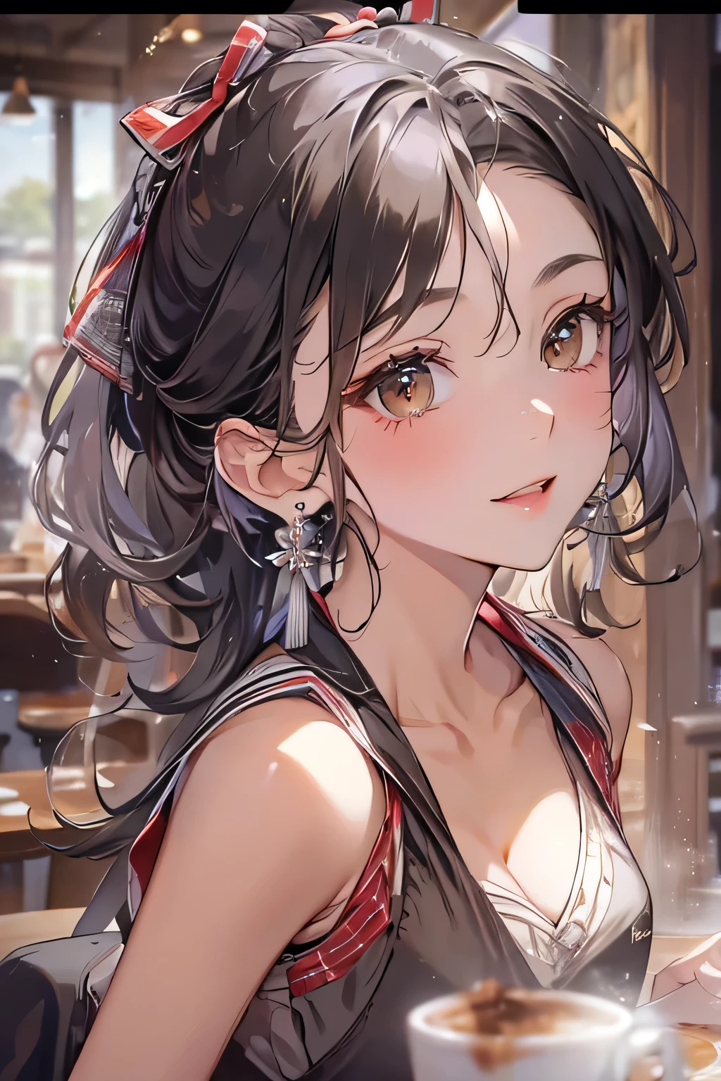 highest quality, High resolution,thin、Brown eyes、expensive、Black Hair、(amount:1.3),Hair Bun、Cafe、(Black sleeveless:1.3)、Silver earrings、Shyness