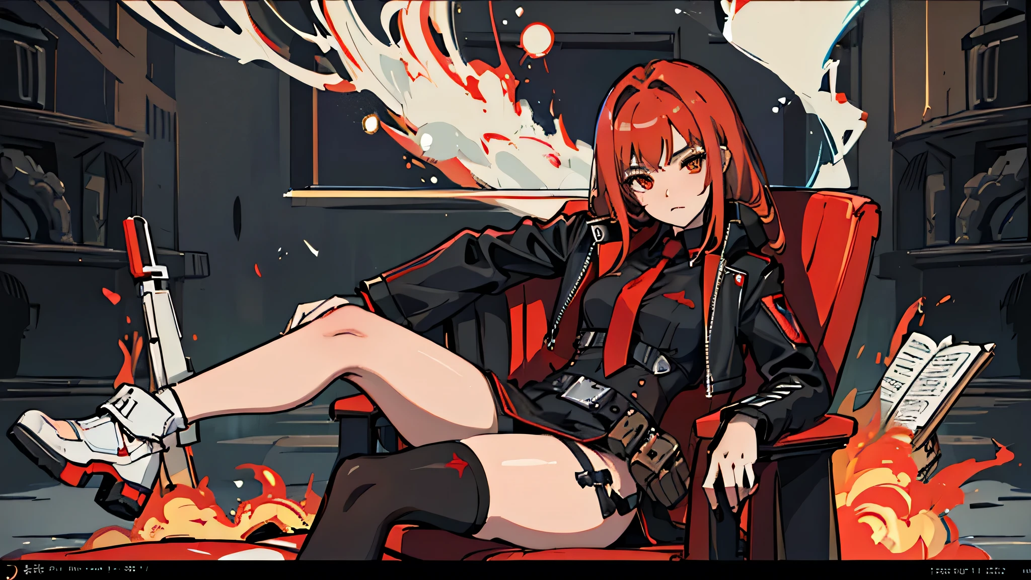 ((Best quality)), ((masterpiece)), (detailed:1.4), 3D, an image of a beautiful cyberpunk female, long burning red hair, burning hair, light brown eyes, Sharp eyes, Detailed Eyes, red Barret, Black Soldier Shirt, Black under cloth, black panty, Grenade belt, Big chest, Big thigh, High thigh black knee sock, full view of girl, black combat boot, red necktie, black glove, black combat suit, black jacket, black cloak, black panty, ammo belt, sitting on swinging chair, wide grassland as background, bright sky, evening time, outside, weapon, Barretta, Battle Rifle , 8k, high res,rapi nikke, HDR (High Dynamic Range),Ray Tracing,NVIDIA RTX,Super-Resolution,Unreal 5,Subsurface scattering,PBR Texturing,Post-processing,Anisotropic Filtering,Depth-of-field,Maximum clarity and sharpness,Multi-layered textures,Albedo and Specular maps,Surface shading,Accurate simulation of light-material interaction,Perfect proportions,Octane Render,Two-tone lighting,Wide aperture,Low ISO,White balance,Rule of thirds,8K RAW,