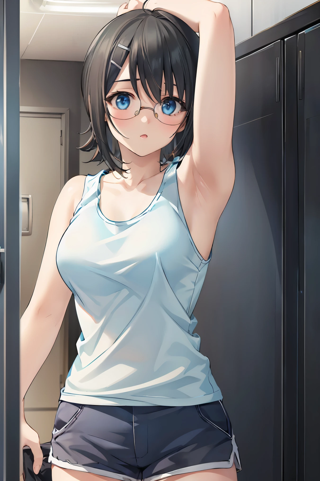 yorihime nao, glasses, hairclip,((black hair:1.5)),
BREAK ((blue tank top and shorts:1.5))
BREAK changing room, lockers,
BREAK armpits,arm up,
BREAK (masterpiece:1.2), best quality, high resolution, unity 8k wallpaper, (illustration:0.8), (beautiful detailed eyes:1.6), extremely detailed face, perfect lighting, extremely detailed CG, (perfect hands, perfect anatomy),