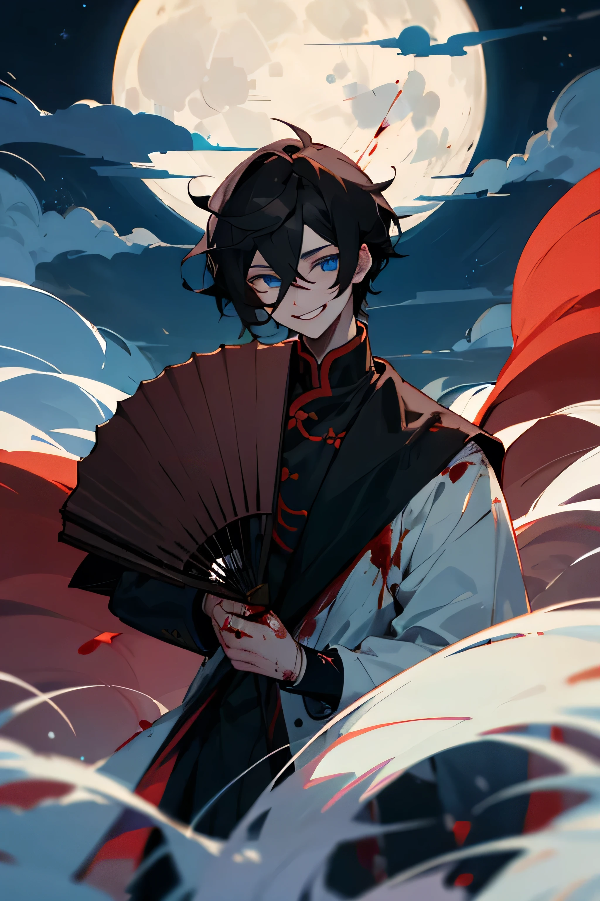 Male, Dark hair, blue eyes, long sleeves, at night, Full moon, holding a fan, blood, sadistic smile