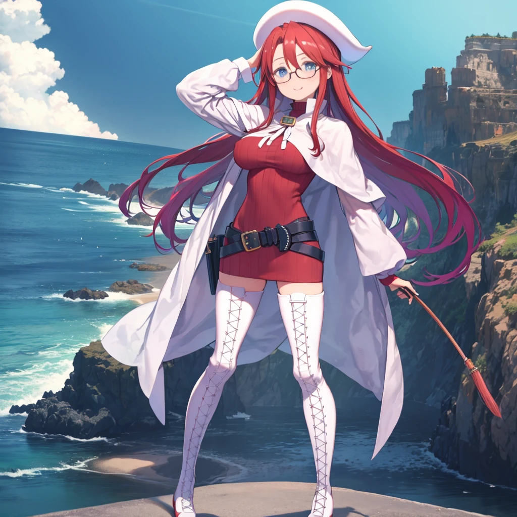 masterpiece、highest quality、High resolution、Very detailed、Medium wide shot、Mature Woman、(aty, long hair, blue eyes, red hair, thighhighs, hat, dress, boots, glasses, belt, cape, sweater, zettai ryouiki, beret, thigh boots, white footwear, ribbed sweater, loose belt、Hair between the eyes)、Big Breasts、Ocean、horizontal line、blue sky、Beautiful eyes、smile、