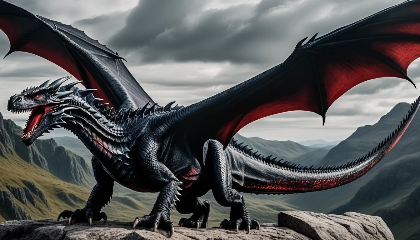 Center Full body shot, best quality, realistic. Drogon is the largest of Targaryen's dragons. His black scales are slashed with streaks of vivid scarlet red. His horns and wings are also scarlet red, and his eyes are red as coals. As typical of dragons, his teeth are black. His flame is black fire shot with red. The span of his wings is three times the length of his body, and most of his body appears to be neck, tail, and wing.