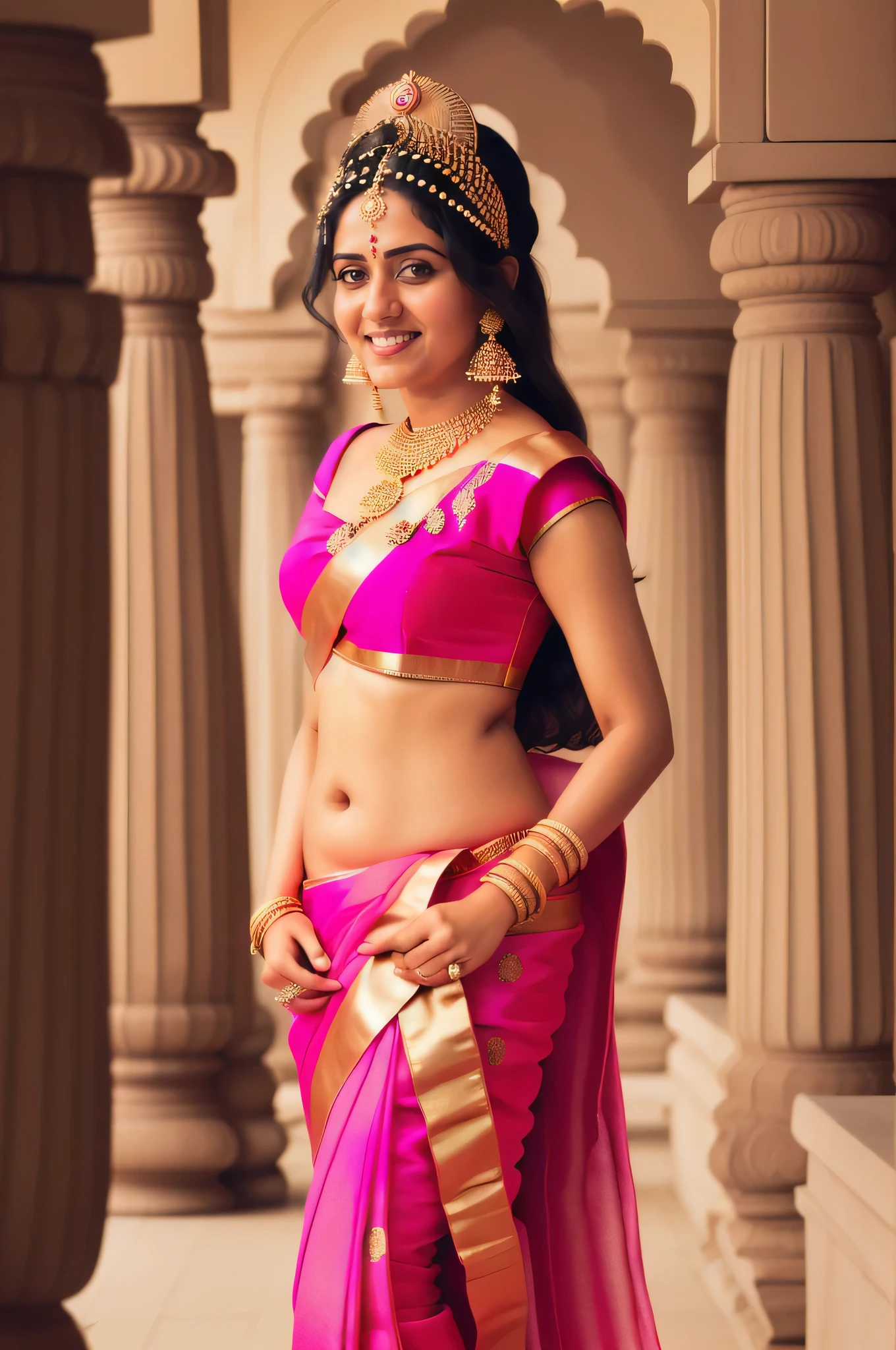 Woman in pink sari and gold jewelry posing for a picture, Indian Goddess, traditional beauty, beautiful goddess, indian, indian style, a beautiful fantasy empress, Beautiful female princess, Cinematic Goddess Shot, gorgeous woman, Cinematic goddess close-up, Beautiful Maiden, portrait of a beautiful goddess, Indian goddess of wealth, very attractive and beautiful, Dressed in a sari, The Young Goddess