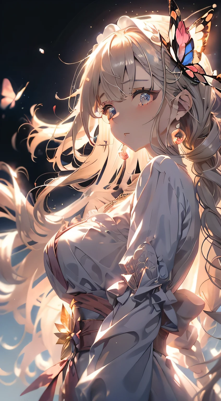 Anime Manga Girl,Long white hair,Pink Dress,Conservative dress,Butterfly headdress,耳Nipple Ring,Pearl Necklace,Pearl Bracelet,Dreamy Background,Anime Style,highest quality,Super Detail,Good atmosphere,Delicate,CG rendering,Detailed Rendering,(Delicate facial expression)(Delicate hair description)(highest quality)(Masterpiece)(High degree of perfection)(atmosphere)8k wallpaper,masterpiece,Super detailed(Half-length portrait)Anime Style