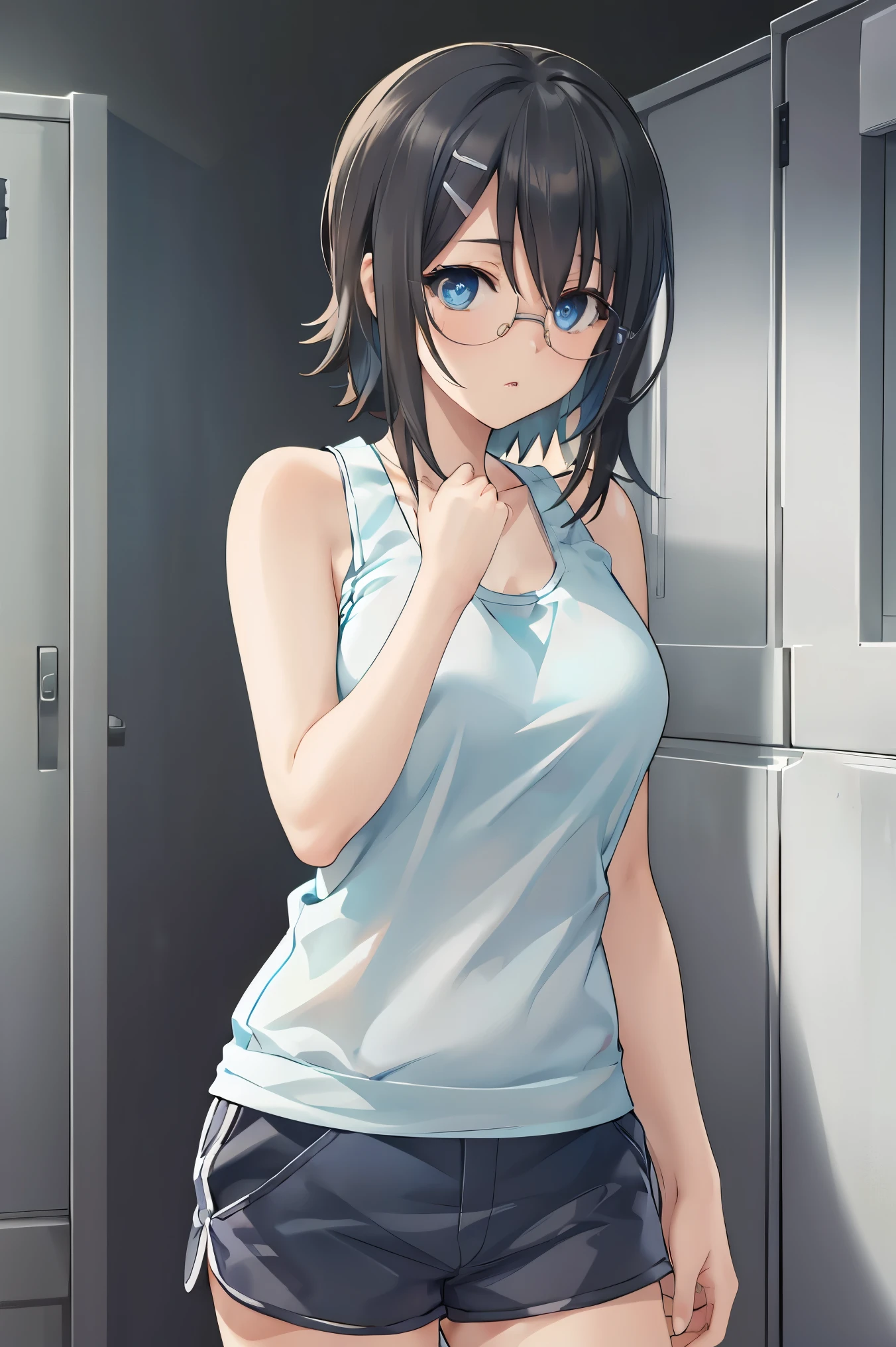 yorihime nao, glasses, hairclip,((black hair:1.5)),
BREAK ((blue tank top and shorts:1.5))
BREAK changing room, lockers,
BREAK pose, hand on hip,
BREAK (masterpiece:1.2), best quality, high resolution, unity 8k wallpaper, (illustration:0.8), (beautiful detailed eyes:1.6), extremely detailed face, perfect lighting, extremely detailed CG, (perfect hands, perfect anatomy),